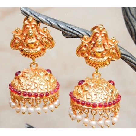 Lakshmi Goddess Ruby Pearl Jhumkas
